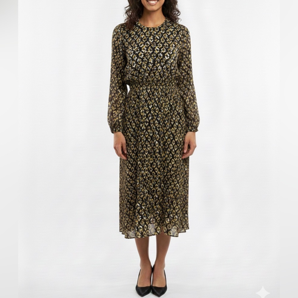 NWT Lola Italy Silk Blend Long Sleeve Geometric Midi Dress Bohemian Sz M